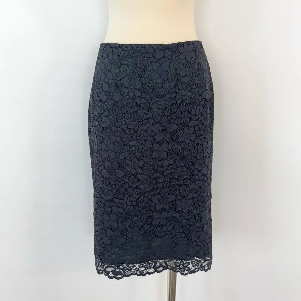 Tory Burch Lace Skirt Knee-Length Navy Blue Green Floral Size 10